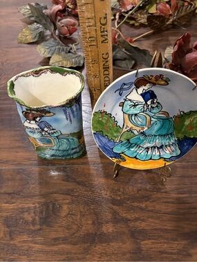 Hand-Painted Decorative Plate and Vase Set - Blue/Green Woman Motif